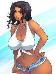 Rule 34 | 1girl, aqua eyes, bad id, bad pixiv id, black hair, breasts, cleavage, curvy, cutoffs, dark skin, dark-skinned female, denim, denim shorts, earrings, front-tie top, hand on own hip, hip focus, huge breasts, italy, jewelry, large breasts, navel, necklace, original, pendant, personification, short shorts, shorts, soccer, solo, ssc napoli, unbuttoned, wide hips, yoko juusuke