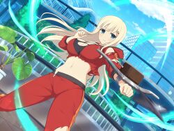 Rule 34 | aiming, aqua eyes, blonde hair, bow (weapon), breasts, city, cityscape, cleavage, closed mouth, clothing cutout, crossbow, day, fighting stance, green eyes, hair ornament, hairclip, holding, holding crossbow, holding weapon, hood, hoodie, large breasts, long hair, navel, non-web source, official art, pants, plant, potted plant, senran kagura, senran kagura new link, shuriken, smile, stomach cutout, sweater, sweatpants, torn clothes, torn pants, weapon, yomi (senran kagura)