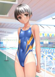 Rule 34 | 1girl, absurdres, black hair, blue one-piece swimsuit, breasts, brown eyes, commentary request, competition swimsuit, covered navel, highleg, highleg swimsuit, highres, indoors, lane line, lightning bolt print, logo, multicolored clothes, multicolored swimsuit, one-piece swimsuit, one-piece tan, original, pool, poolside, short hair, small breasts, solo, standing, string of flags, swimsuit, takafumi, tan, tanline, tomboy, variant set
