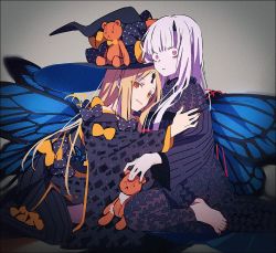 Rule 34 | 2girls, abigail williams (fate), abigail williams (second ascension) (fate), black bow, black kimono, blonde hair, bow, butterfly wings, commentary request, fate/grand order, fate (series), hakusai (tiahszld), insect wings, japanese clothes, keyhole, kimono, kneeling, lavinia whateley (fate), long hair, looking at viewer, multiple girls, nail polish, orange bow, pale skin, parted bangs, pink eyes, red eyes, red nails, smile, stuffed animal, stuffed toy, teddy bear, wings