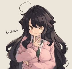 Rule 34 | 1girl, :3, ahoge, bandaid, bandaid on cheek, bandaid on face, black hair, blush, breasts, brown background, brown eyes, cardigan, closed mouth, collared shirt, green necktie, hair between eyes, hand up, long hair, long sleeves, looking at viewer, medium breasts, natsuki-chan (natsuki teru), natsuki teru, necktie, original, pink cardigan, shirt, simple background, sleeves past wrists, solo, translated, v, very long hair, white shirt