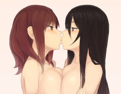Rule 34 | 2girls, bare arms, bare shoulders, black hair, blush, breast press, breasts, brown eyes, brown hair, chiwino, cleavage, couple, earrings, eye contact, female focus, hair between eyes, half-closed eyes, imminent kiss, jewelry, kiss, large breasts, lips, long hair, looking at another, multiple girls, neck, oppao-san, original, parted lips, purple eyes, short hair, sidelocks, simple background, symmetrical docking, twintails, upper body, yuri