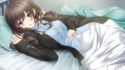 Rule 34 | 1girl, bed, bed sheet, black hair, blush, breasts, embarrassed, fingernails, game cg, hoshimi tsukuyo, kiss ato, large breasts, long fingernails, long hair, looking at viewer, lying, mikoto akemi, on side, open mouth, pillow, red eyes, skirt, solo