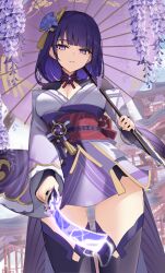 1girl absurdres black_thighhighs blunt_bangs breasts cleavage day gem genshin_impact highres holding holding_sword holding_umbrella holding_weapon japanese_clothes kimono large_breasts long_hair looking_at_viewer obi oil-paper_umbrella outdoors parted_lips purple_eyes purple_gemstone purple_hair purple_kimono purple_umbrella raiden_shogun red_sash sash solo sword thighhighs thomas_8000 umbrella unfinished very_long_hair weapon