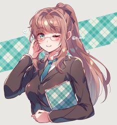 Rule 34 | 1girl, aicedrop, bespectacled, black bow, blazer, blush, book, bow, breasts, brown hair, doki doki literature club, glasses, green eyes, holding, holding book, jacket, long hair, long sleeves, looking at viewer, monika (doki doki literature club), one eye closed, ponytail, school uniform, sidelocks, smile, solo, very long hair