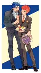 Rule 34 | 2boys, annoyed, black footwear, black suit, blue hair, bouquet, brown eyes, cu chulainn (fate), cu chulainn (fate/stay night), cupcake, eating, emiya shirou, fate/stay night, fate (series), flower, food, food theft, fork, formal, hair strand, holding, holding bouquet, holding fork, holding plate, jitome, long hair, looking at another, male focus, meat, messy hair, multicolored background, multiple boys, necktie, orange hair, orange neckwear, plate, polka dot neckwear, ponytail, red eyes, salad, shoes, simple background, smile, suit, tatsuta age, thick eyebrows, white neckwear