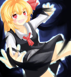 Rule 34 | 1girl, :d, ascot, aura, blonde hair, blouse, darkness, fang, hair ribbon, kumita (kumeeta), open mouth, outstretched arms, red eyes, ribbon, rumia, shirt, short hair, skirt, smile, spread arms, touhou, vest