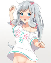 Rule 34 | 10s, 1girl, :d, adrenaline!!!, ahoge, arm up, bare shoulders, blue eyes, blush, bottomless, bow, clothes writing, collarbone, convenient censoring, eromanga sensei, gradient background, grey background, groin, hair bow, hekomii, izumi sagiri, long hair, looking at viewer, low-tied long hair, nose blush, off shoulder, open mouth, out-of-frame censoring, pink bow, shirt, short sleeves, simple background, smile, solo, sweat, tareme, upper body, very long hair, white shirt