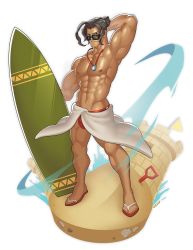 Rule 34 | 1boy, abs, alternate costume, arm behind head, armpits, bara, bare pectorals, black-framed eyewear, black hair, bulge, dark-skinned male, dark skin, dragalia lost, full body, highres, holding, holding surfboard, large pectorals, looking at viewer, male focus, male swimwear, muscular, muscular male, navel, nipples, pectorals, ranzal (dragalia lost), red male swimwear, sand, sand castle, sand sculpture, short hair, solo, stomach, sunglasses, surfboard, swim briefs, uchu (uchuuux), whistle, whistle around neck