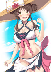 Rule 34 | 1girl, :d, bare shoulders, bikini, blue sky, blush, breasts, brown eyes, brown hair, cleavage, cloud, collarbone, commentary request, cowboy shot, day, detached sleeves, double bun, groin, hair bun, halterneck, hand up, hat, hat ribbon, highres, large breasts, long hair, looking at viewer, midriff, nanao (naoekaki25), navel, o-ring, o-ring bikini, ocean, open mouth, princess connect!, puffy detached sleeves, puffy sleeves, ribbon, sarong, sidelocks, sky, smile, solo, standing, straw hat, suzume (princess connect!), suzume (summer) (princess connect!), swimsuit, white bikini, white sarong