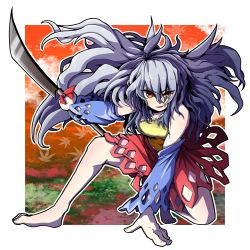 Rule 34 | 1girl, :d, arm support, barefoot, blue sleeves, border, cleaver, detached sleeves, dress, full body, grey hair, highres, holding, holding weapon, hurin raika, leaf, long hair, looking at viewer, maple leaf, multicolored clothes, multicolored dress, nata (tool), open mouth, red eyes, sakata nemuno, single-shoulder dress, single strap, smile, solo, touhou, weapon, white border