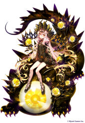 Rule 34 | 1girl, age of ishtaria, avaritia (age of ishtaria), black dress, black footwear, blonde hair, blush, dress, full body, glowing, glowing eye, gradient hair, hair ornament, high heels, highres, looking at viewer, monster, multicolored hair, munlu (wolupus), official art, pink hair, red eyes, see-through, see-through dress, simple background, sitting, solo, star (symbol), star hair ornament, tail, two-tone hair, white background