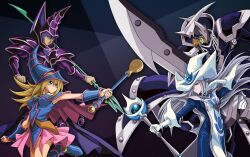 2boys 2girls armor blonde_hair blue_armor blue_dress blue_hat colored_skin dark_magician dark_magician_girl dress duel_monster fake_horns gloves green_eyes green_skin grey_hair hair_over_one_eye hat helmet holding holding_staff holding_sword holding_weapon horned_helmet horns long_hair multiple_boys multiple_girls official_art pink_skirt purple_armor purple_eyes purple_hair showgirl_skirt silent_magician silent_swordsman skirt staff sword tabard weapon white_gloves white_hat white_tabard wizard_hat yu-gi-oh!