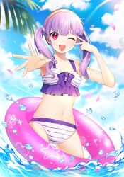 Rule 34 | 1girl, ;d, bad id, bad pixiv id, bang dream!, bikini, breasts, cleavage, collarbone, day, frilled bikini, frills, hairband, innertube, long hair, minori (faddy), navel, one eye closed, open mouth, outdoors, outstretched arm, palm leaf, petals, purple hair, red eyes, smile, solo, striped bikini, striped clothes, swim ring, swimsuit, twintails, udagawa ako, v-shaped eyebrows, v over eye, wading, water