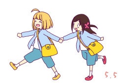 Rule 34 | 2girls, :d, ^ ^, aged down, ahoge, bag, birthday, blue jacket, blunt bangs, blush, brown hair, closed eyes, commentary request, dated, flower, green shorts, hair flower, hair ornament, hitori bocchi, hitoribocchi no marumaru seikatsu, holding hands, jacket, katsuwo (cr66g), light brown hair, long hair, looking at another, multiple girls, open mouth, pulling, red footwear, school bag, shirt, shorts, shoulder bag, simple background, smile, socks, standing, walking, white background, white footwear, white shirt, yawara kai, yellow footwear, |d