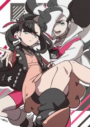 Rule 34 | 1boy, 1girl, ankle boots, black choker, black footwear, black hair, black jacket, black nails, boots, brother and sister, choker, closed mouth, commentary, creatures (company), dress, eyeshadow, game freak, green eyes, gym leader, hair ribbon, highres, jacket, long hair, makeup, marnie (pokemon), multicolored hair, nail polish, nintendo, no-kan, open clothes, open jacket, open mouth, piers (pokemon), pink dress, pokemon, pokemon swsh, red ribbon, ribbon, shorts under dress, siblings, spread fingers, symbol-only commentary, teeth, tongue, two-tone hair, white jacket