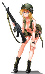 Rule 34 | 1girl, alice gear, assault rifle, bayonet, belt, blonde hair, blue eyes, boots, bottle, breasts, canteen, cigarette pack, cleavage, collarbone, combat boots, combat knife, flashlight, full body, gun, gun sling, hand on own knee, helmet, henshako, knife, leaning forward, long hair, looking at viewer, m16, m16a1, magazine (weapon), navel, nipples, no bra, nude, original, parted lips, pouch, rifle, rubber band, shadow, sheath, sheathed, simple background, smile, solo, standing, strap, tactical clothes, united states, united states army, vietnam, watch, weapon, white background, wristwatch