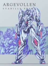 Rule 34 | argevollen stabilis prima, blue eyes, character name, clenched hands, looking down, mecha, no humans, robot, science fiction, shirogane no ishi argevollen, solo, standing, yutori (clockwork chicken), zoom layer