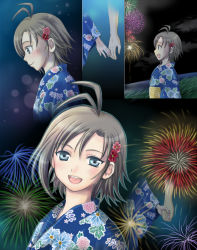 Rule 34 | 10s, 1girl, aerial fireworks, ariga nao, blush, crossed arms, fireworks, flower, hair ornament, idolmaster, idolmaster (classic), idolmaster 2, japanese clothes, kikuchi makoto, kimono, md5 mismatch, open mouth, own hands clasped, own hands together, smile