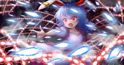 Rule 34 | 1girl, animal ears, arm up, blue dress, blue hair, rabbit ears, commentary request, danmaku, dress, earclip, finger gun, highres, kayon (touzoku), light trail, looking to the side, low twintails, night, night sky, open mouth, outstretched hand, puffy short sleeves, puffy sleeves, red eyes, seiran (touhou), short hair, short sleeves, sky, solo, standing, star (sky), starry sky, touhou, twintails, upper body