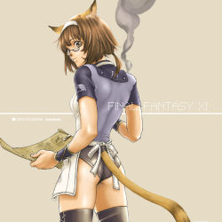 Rule 34 | 00s, animal ears, apron, ass, brown eyes, brown hair, cat ears, cat tail, final fantasy, final fantasy xi, glasses, long hair, looking back, mithra (ff11), ponytail, smoke, tachibana chata, tail, thighhighs