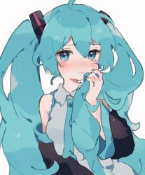 Rule 34 | 1girl, :t, ahoge, aqua eyes, aqua hair, aqua necktie, bad id, bad pixiv id, bare shoulders, blue eyes, blue hair, blush, breasts, closed mouth, collared shirt, detached sleeves, grey shirt, hair between eyes, hair ornament, hair over shoulder, hand up, hatsune miku, holding, holding hair, long hair, looking at viewer, necktie, otintin, pout, shirt, simple background, tears, twintails, upper body, vocaloid, wavy mouth, white background