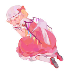 Rule 34 | 1girl, ascot, blonde hair, bow, closed eyes, closed mouth, commentary, crystal, flandre scarlet, frilled skirt, frills, full body, hat, hat bow, kanon (rsl), long bangs, medium hair, mob cap, one side up, puffy short sleeves, puffy sleeves, red bow, red footwear, red skirt, red vest, shirt, shoes, short sleeves, simple background, skirt, skirt set, sleeping, socks, solo, touhou, vest, white background, white hat, white shirt, white socks, wings, wrist cuffs, yellow ascot