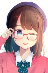 Rule 34 | 1girl, absurdres, adjusting eyewear, amane 1906, black hat, blue eyes, blunt bangs, blush, bow, bowtie, brown hair, collared shirt, colored inner hair, commentary request, face, glasses, hair ornament, hairclip, hat, highres, huge filesize, mole, mole on neck, multicolored hair, one eye closed, original, pink sweater, polka dot, polka dot bow, polka dot neckwear, red-framed eyewear, shirt, solo, sweater, tongue, tongue out, two-tone hair, white shirt