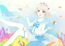 Rule 34 | 10s, 1girl, :d, amano himame, blue eyes, bow, brown hair, bubble, clownfish, coral, crown, fish, koi ni naritai aquarium, love live!, love live! school idol project, love live! sunshine!!, open mouth, sailor collar, skirt, smile, solo, sparkle, thighhighs, tropical fish, underwater, watanabe you, white thighhighs