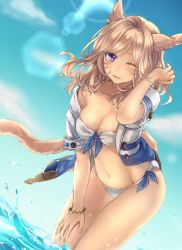 Rule 34 | 10s, 1girl, ;), animal ears, bare shoulders, bent over, bikini, blonde hair, blush, bracelet, breasts, buttons, cat ears, cat tail, cleavage, cloud, collarbone, cowboy shot, day, dutch angle, eyebrows, eyelashes, facial mark, final fantasy, final fantasy xiv, front-tie bikini top, front-tie top, groin, tucking hair, hand on own thigh, hand up, hexagon, highres, jacket, jewelry, large breasts, lens flare, long hair, looking at viewer, miqo&#039;te, nail polish, navel, off shoulder, one eye closed, open clothes, open jacket, outdoors, pink nails, purple eyes, riffey, short sleeves, side-tie bikini bottom, smile, solo, standing, summer, swimsuit, tail, thigh gap, unbuttoned, wading, water, white bikini