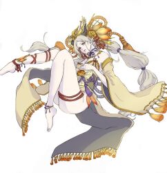 Rule 34 | 1girl, absurdly long hair, barefoot, blonde hair, breasts, cleavage, closed mouth, commentary request, crown, detached sleeves, floating, flower, gorget, hair ornament, hair scrunchie, head tilt, highres, horns, japanese clothes, kimono, long hair, looking at viewer, lotus, medium breasts, monster hunter (series), monster hunter rise, no pupils, pale skin, personification, pointy ears, pursed lips, rope, ruri (ruriblackrose001), scrunchie, simple background, solo, tassel, thunder serpent narwa, twintails, very long hair, white background, yellow eyes, yellow flower