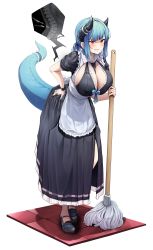 Rule 34 | 1girl, absurdres, apron, between breasts, black dress, black footwear, blue bow, blue hair, bow, breasts, ddangbi, dragon girl, dress, faux figurine, frilled apron, frills, hand on own hip, highres, holding, holding mop, horns, huge breasts, leaning forward, long hair, looking at viewer, maid, mop, original, ponytail, puffy short sleeves, puffy sleeves, red eyes, short sleeves, simple background, solo, speech bubble, spine, tail, tail raised, white apron, white background
