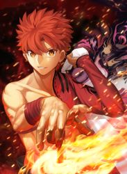 Rule 34 | 1boy, cape, cover, cover page, emiya shirou, english text, fate/grand order, fate (series), highres, holding, holding cape, holding clothes, igote, japanese clothes, looking at viewer, male focus, moto (otemoto02), orange hair, revealing clothes, senji muramasa (fate), single bare shoulder, smile, solo, textless version, toned, toned male, yellow eyes
