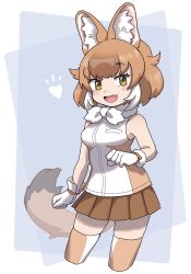 Rule 34 | 1girl, an-chan (ananna0315), animal ears, bare shoulders, bow, bowtie, brown shirt, brown skirt, brown thighhighs, cowboy shot, dhole (kemono friends), dog ears, dog girl, dog tail, fang, gloves, green eyes, highres, kemono friends, light brown hair, multicolored hair, open mouth, pleated skirt, shirt, short hair, sidelocks, skirt, sleeveless, solo, tail, thighhighs, two-tone hair, two-tone shirt, white bow, white bowtie, white gloves, white hair, white shirt, zettai ryouiki