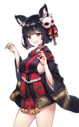 Rule 34 | 1girl, :d, animal ears, ayami (annahibi), azur lane, bell, black hair, black kimono, blush, bob cut, breasts, cat ears, cat mask, claw pose, commentary request, contrapposto, cowboy shot, fang, hair ornament, hair ribbon, hands up, heart, heart in eye, highres, japanese clothes, jingle bell, kimono, looking at viewer, mask, mask on head, medium breasts, open mouth, red eyes, ribbon, shide, short hair, short kimono, sideboob, sidelocks, simple background, smile, solo, standing, symbol in eye, tareme, thighs, white background, wide sleeves, yamashiro (azur lane)