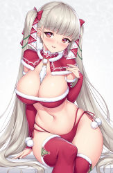 Rule 34 | 1girl, azur lane, between breasts, black nails, blush, breasts, capelet, cleavage, commentary, crop top, detached sleeves, earrings, english commentary, formidable (azur lane), fur-trimmed capelet, fur trim, hair ribbon, highres, ivenglynn, jewelry, large breasts, long hair, long sleeves, looking at viewer, nail polish, navel, necktie, necktie between breasts, panties, parted lips, pom pom (clothes), red capelet, red eyes, red panties, red ribbon, red thighhighs, ribbon, side-tie panties, silver hair, sitting, smile, solo, stomach, thighhighs, twintails, underwear, very long hair, white necktie