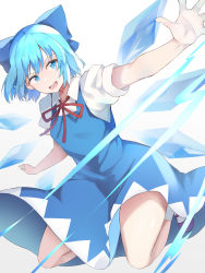 Rule 34 | 1girl, blue bow, blue dress, blue eyes, blue hair, bow, cirno, collared shirt, dress, fairy, hair bow, highres, ice, ice wings, nagomian, neck ribbon, pinafore dress, puffy short sleeves, puffy sleeves, red ribbon, ribbon, shirt, shoes, short hair, short sleeves, simple background, sleeveless dress, socks, solo, thighs, touhou, white background, white shirt, white socks, wings