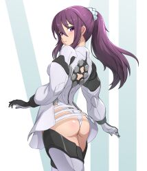 1girl absurdres alice_gear_aegis ass from_behind highres hutokumi long_hair long_sleeves looking_at_viewer looking_back nikotama_mai ponytail purple_eyes purple_hair solo