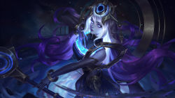 Rule 34 | 1girl, absurdres, alternate costume, artist name, atomicxx, bare shoulders, blue eyes, bracelet, collared dress, cosmic lux, detached sleeves, dress, glowing, glowing eyes, glowing hair, hand on own chest, headpiece, highres, huge filesize, jewelry, league of legends, lipstick, long hair, looking at viewer, looking to the side, lux (league of legends), makeup, outstretched arm, purple hair, purple lips, silver hair, staff, standing