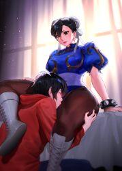 Rule 34 | 1boy, 1girl, bed, bedroom, black hair, boots, bracelet, brown eyes, capcom, china dress, chinese clothes, chun-li, commission, dress, earrings, hair bun, head between thighs, hetero, highres, jackboo, jewelry, kiss, kissing thigh, leggings, legs, pantyhose, sash, sitting, spiked bracelet, spikes, street fighter, thick thighs, thigh grab, thighs, white footwear