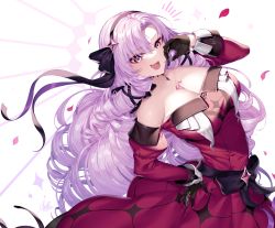 Rule 34 | absurdres, black gloves, black hairband, breasts, chest tattoo, claw ring, cleavage, dress, drill hair, fang, gloves, hairband, hand to own mouth, highres, hyakumantenbara salome, hyakumantenbara salome (1st costume), izulizuru, large breasts, laughing, leaning back, light purple hair, long hair, looking at viewer, nijisanji, off-shoulder dress, off shoulder, ojou-sama pose, open mouth, parted bangs, purple eyes, purple hairband, purple ribbon, quad drills, red dress, red sleeves, ribbon, scorpion tattoo, smile, tattoo, tsurime, very long hair, virtual youtuber