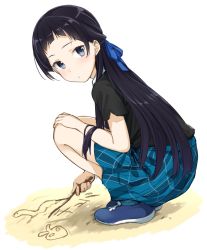 Rule 34 | 1girl, black eyes, black hair, black shirt, black skirt, blue footwear, blue ribbon, blush, branch, commentary request, cryptid, expressionless, from side, hair ribbon, half updo, hand on own knee, highres, jpeg artifacts, long hair, looking at viewer, max melon, oribe ririko, ribbon, sakura quest, shirt, shoes, skirt, solo, squatting, writing