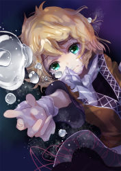 Rule 34 | 1girl, air bubble, arm warmers, asphyxiation, blonde hair, bubble, dress, drowning, frown, gradient background, green eyes, highres, layered dress, looking at viewer, mizuhashi parsee, outstretched hand, reaching, reaching towards viewer, scarf, short hair, sinking, solo, touhou, underwater, ziran juan