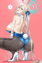 Rule 34 | 1girl, animal ears, ass, asuna (blue archive), asuna (bunny) (blue archive), backless leotard, bare back, bare shoulders, black pantyhose, blonde hair, blue archive, blue eyes, blue leotard, breasts, cameltoe, commentary request, detached collar, fake animal ears, fake tail, from behind, full body, gloves, hair over one eye, hair ribbon, halo, heart, high heels, highleg, highleg leotard, highres, large breasts, leotard, long hair, no bra, official alternate costume, open mouth, pantyhose, pink background, playboy bunny, rapapa, ribbon, shadow, shiny clothes, sideboob, simple background, solo, speech bubble, spread legs, squatting, stiletto heels, strapless, strapless leotard, swept bangs, tail, thighs, very long hair, white footwear, white gloves