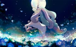 Rule 34 | blue flower, closed mouth, commentary request, creatures (company), flower, galarian form, galarian rapidash, game freak, gen 8 pokemon, grey eyes, melty (corolla), moon, night, nintendo, no humans, outdoors, petals, pokemon, pokemon (creature), sky, solo, unicorn