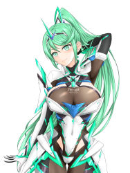 Rule 34 | 1girl, absurdres, breasts, chest jewel, cleavage, earrings, feichu keju, gem, gloves, greek text, green eyes, green hair, headpiece, highres, jewelry, large breasts, long hair, pneuma (xenoblade), ponytail, simple background, solo, swept bangs, tiara, very long hair, white background, xenoblade chronicles (series), xenoblade chronicles 2