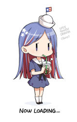 Rule 34 | 1girl, aka ringo, blue hair, blue shirt, character name, chibi, commentary request, cup, disposable cup, dixie cup hat, dress, drink, drinking, drinking straw, fairy (kancolle), full body, gradient hair, hat, highres, holding, holding cup, kantai collection, long hair, military hat, multicolored hair, red hair, sailor collar, shirt, short sleeves, skirt, solo, south dakota (kancolle), star (symbol), striped, swept bangs, white background, white hair, white legwear