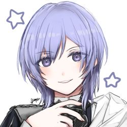 Rule 34 | 1boy, androgynous, blue eyes, blue hair, fire emblem, fire emblem: three houses, grin, hair between eyes, highres, looking at viewer, male focus, misato hao, nintendo, portrait, short hair, signature, simple background, smile, solo, star (symbol), white background, yuri leclerc