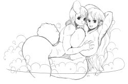 Rule 34 | 2girls, all fours, alternate breast size, animal ears, back, bath, bathroom, blush, breasts, carrot (one piece), huge breasts, large areolae, large breasts, long hair, looking at viewer, multiple girls, nami (one piece), nipples, nude, one piece, open mouth, rabbit ears, rabbit girl, rabbit tail, same-sex bathing, shared bathing, shoulder blades, signature, smile, snout, soap, soap bubbles, tail, thigh straddling, uncensored, water, wet, wet hair
