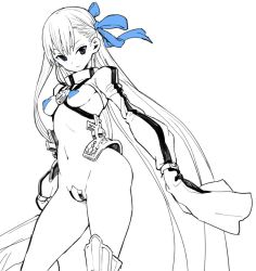 Rule 34 | 10s, 1girl, armor, blue eyes, breasts, closed mouth, contrapposto, crotch plate, fate/extra, fate/extra ccc, fate (series), greaves, hair ribbon, long hair, looking at viewer, meltryllis (fate), monochrome, navel, pasties, revealing clothes, ribbon, simple background, sleeves past wrists, small breasts, solo, spot color, standing, turtleneck, velzhe, very long hair, white background, wide sleeves